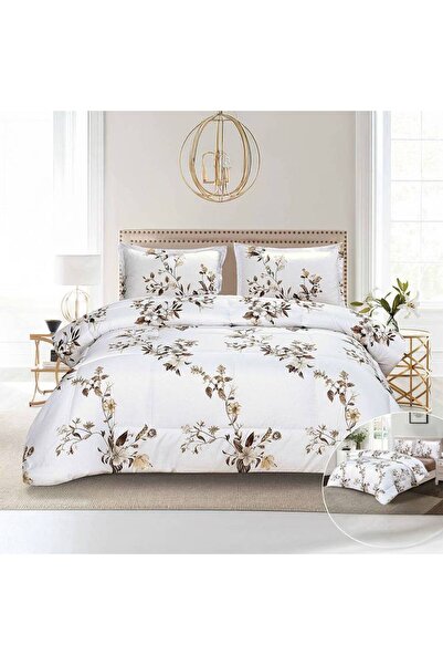NİCE 4-piece summer duvet set, floral, white & beige, 220×230 cm