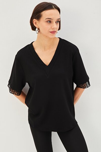 Allyco V-Neck Lace Sleeve Regular Knitted T-Shirt