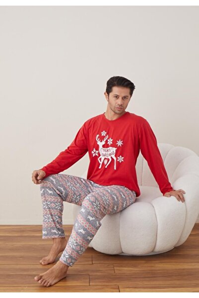 TOSKI Men's Christmas Pajamas Long Pants Long Sleeve, Red, Merry Christmas