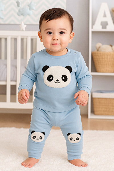 Bilge Trend PANDA İŞLEMELİ % 100 PAMUKLU PENYE BEBEK PİJAMA TAKIMI