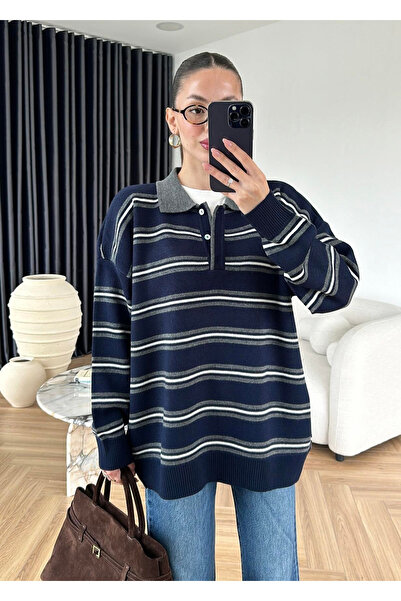 My Blog Marineblau - Anthrazitfarbener Pullover mit Polokragen - 241248