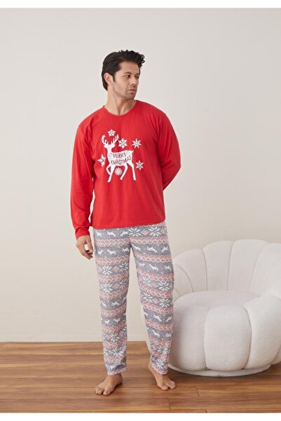 TOSKI Men's Christmas Pajamas Long Pants Long Sleeve, Red, Merry Christmas
