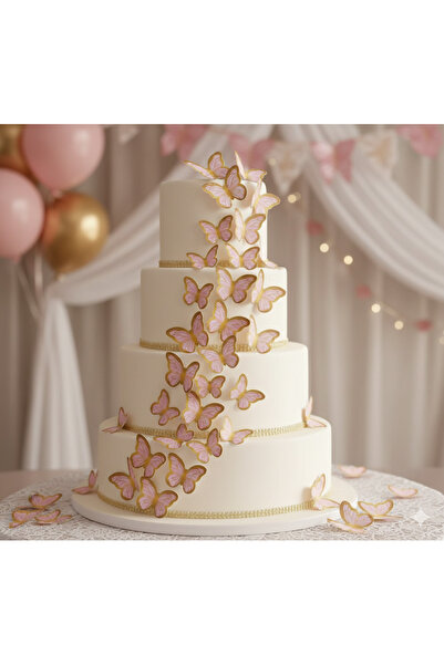 Acar Süs Kelebek Dekoratifli Pasta Süsü Varaklı Pembe Set 21 Adet