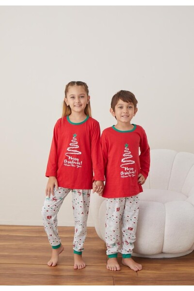 TOSKI Christmas Pajamas for Girls and Boys, Long Sleeve, Long Pants, Red, Fir Tree