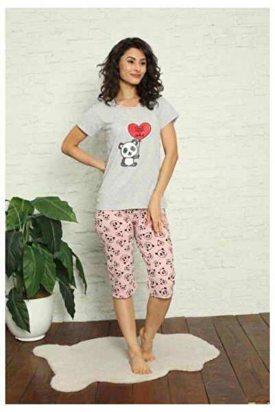 TOSKI women's cotton pajamas, teddy bear print, gray, t-shirt + 3/4 pants