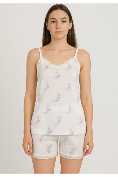 TOSKI Women's pajamas with tank top with thin straps and delicate lace, light shorts with Printed