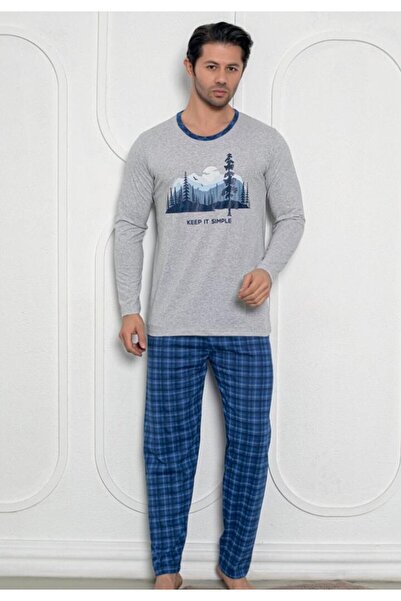 TOSKI Men's Pajamas, Long Sleeves and Long Pants, Keep It Smile Print, Grey