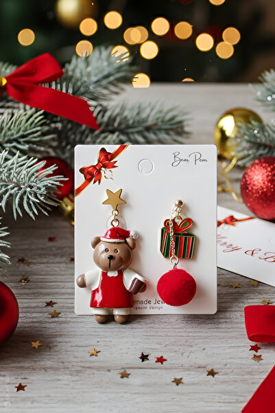 BearPear Ayıcık ve Hediye Paketi 2'li Yılbaşı Kadın Çelik Küpe