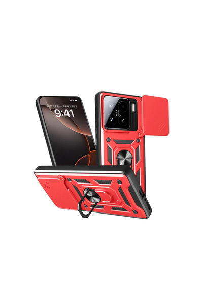 Twin Store حافظة Mi 15 مصنوعة من السيليكون مع حلقة عدسة - أحمر