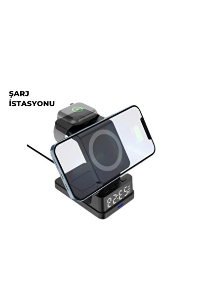 Genel Markalar Kablosuz Şarj İstasyonu ve Dijital Saat – Apple Uyumlu, 3 Kade...