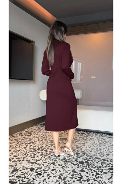 BÜŞRA TEZEL MODA Women's Long Sleeve Turtleneck Front Zipper Slit Midi Viscose Two Thread Dress