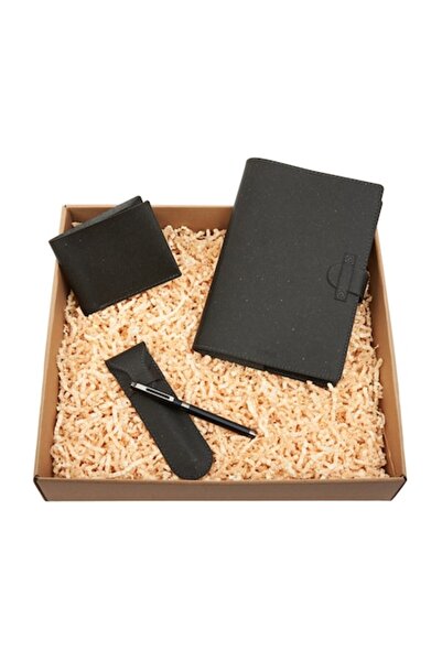 Origin Premium set: leather-covered notebook, pen with leather case and wallet, black
