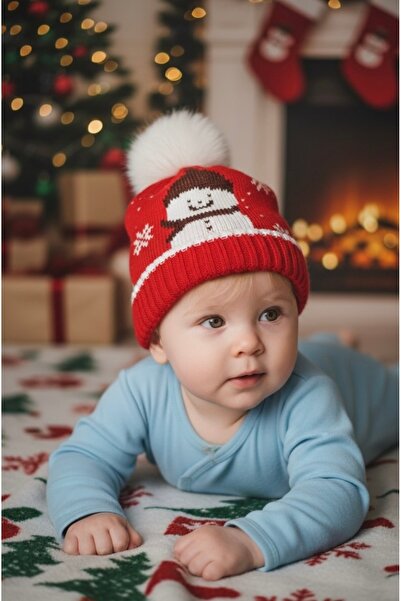 Butik Kırmızı Ponponlu Triko Kışlık Bebek Bere – Yılbaşı Konseptli Kardan Ada...