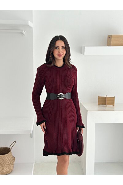 bobitex Kemerli Fitilli Bisiklet Yaka Triko Elbise