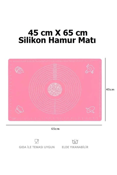 ZUZU MADE 2'li Set Pembe Renk 45x65 Cm Silikon Hamur Açma Matı Ve Pratik Ahşap Saplı Silindir Hamur Açıcı