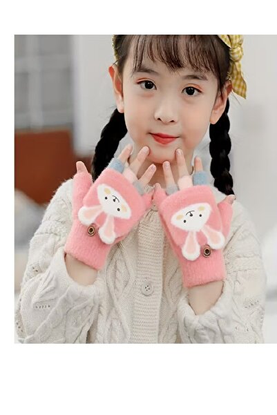 evimmabedim Çocuk eldiven pembe yarım parmak tavşan temalı