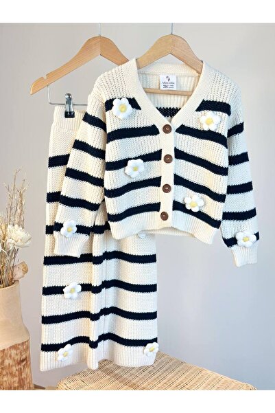 Wind Baby Kız Çocuk Çiçek Örgü Aplikeli Çizgili Triko Hırka - Pantolon Takımı