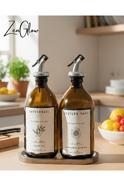 ZenGlow Luxury Stylish 2-Piece Amber Glass Oil Bottle Set with Wooden Stand 500 ml