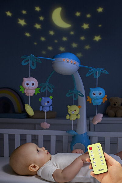 Bebelul Carusel patut cu proiectie telecomanda sunete animale Albastru