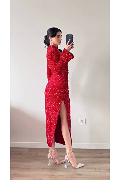 Julidress Premium Sequined Dress with Ruffled Sleeves and Pleated Waist Maxi Long Length