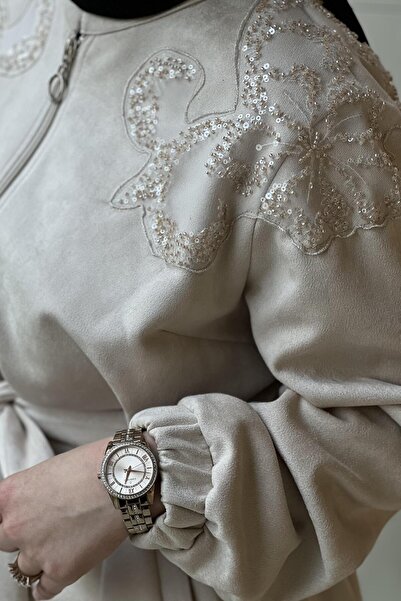 FUAT GÜRSEN Fuat Gürşen Sequin Embroidered Zippered Belted Suede Jacket