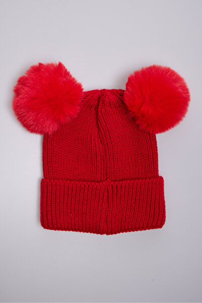 OX-RA Red Double Pompom Smiley Knitted Children's Beanie