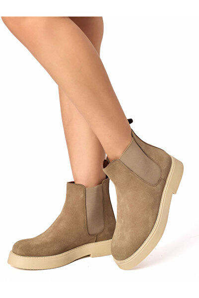 RUJO Bej Hakiki Süet Deri Chelsea Lastikli Kadın Bot