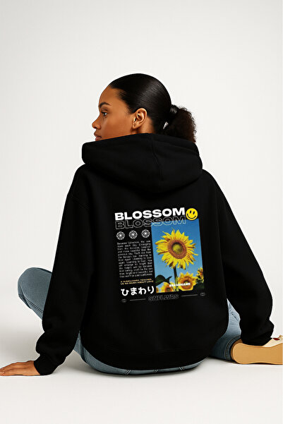 LORVEX Унисекс суитшърт с качулка и голям принт с цветя