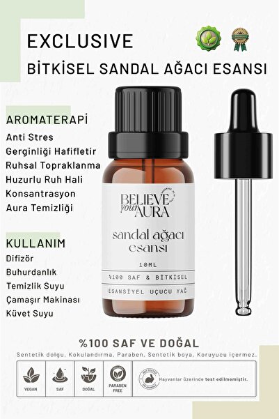 Believe Your Aura Bitkisel Sandal Ağacı Esansı - %100 Saf Buhurdanlık Difüzör...