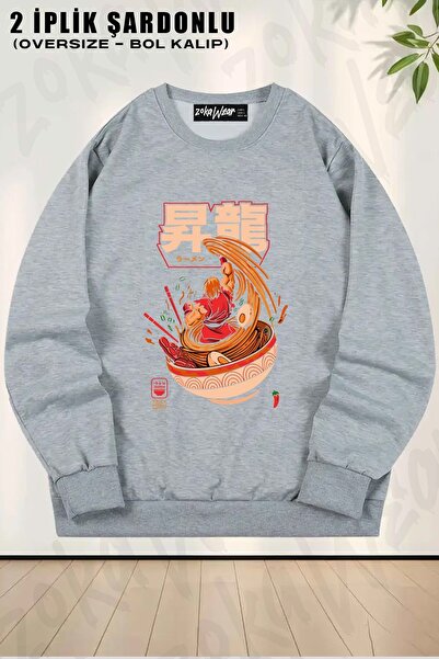 ZOKAWEAR سويت شيرت رامين ستريت فايتر مطبوع قصة فضفاضة برقبة دائرية للجنسين