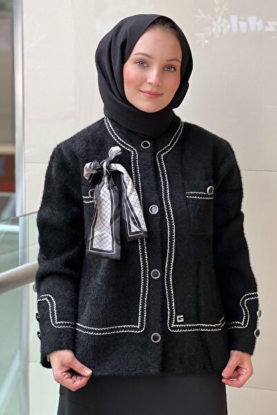 Ghisa Angora Cardigan with Ribbon Knit Detail and Bow Scarf Brooch