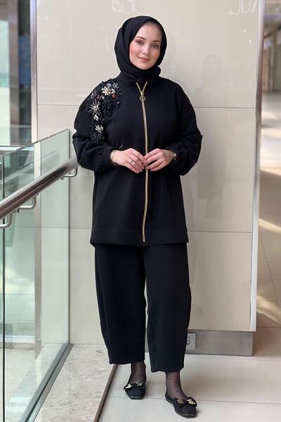 Ghisa Modal Tunic Pants Set with Floral Bead Stone Embroidery on the Shoulder