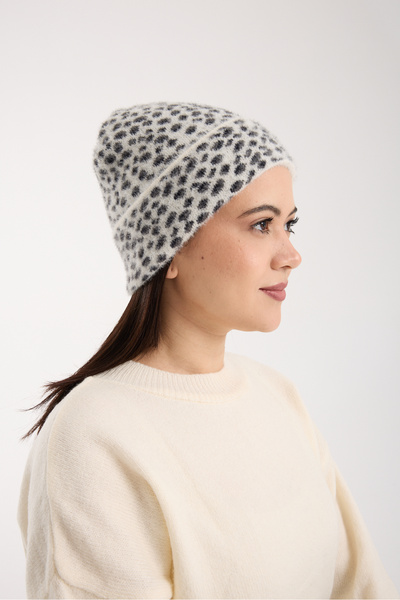 OX-RA White Leopard Patterned Plush Folded Beret