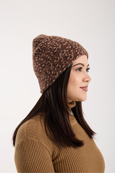 OX-RA Brown Leopard Patterned Plush Folded Beret