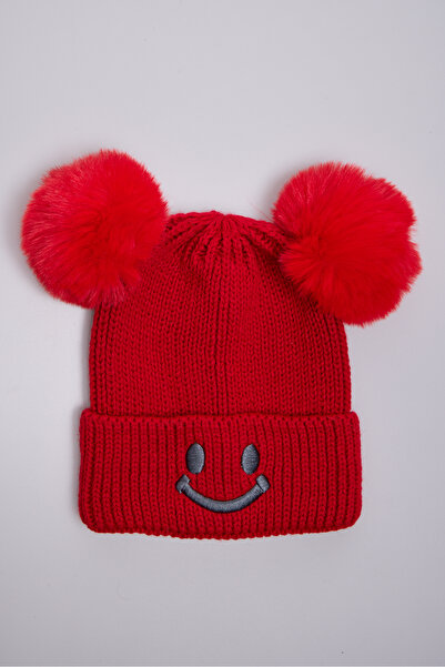OX-RA Red Double Pompom Smiley Knitted Children's Beanie