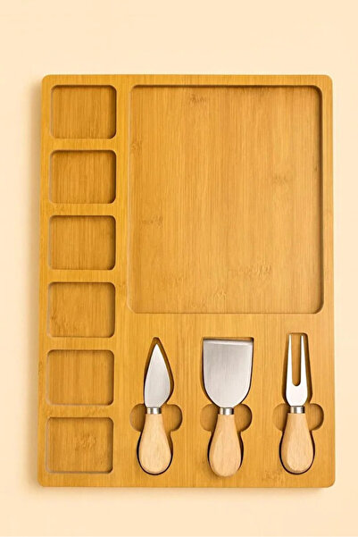 MAİN SHOP Bamboo Set of 4 – 3 Knives + 7-Compartment Serving Presentation Boa...