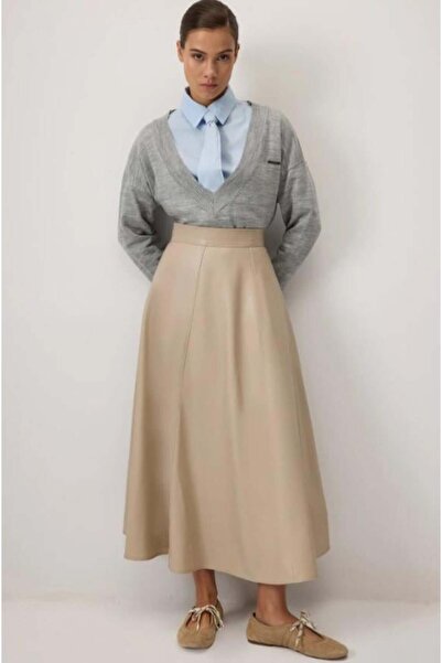 Touche Volanlı Deri Etek Vizon