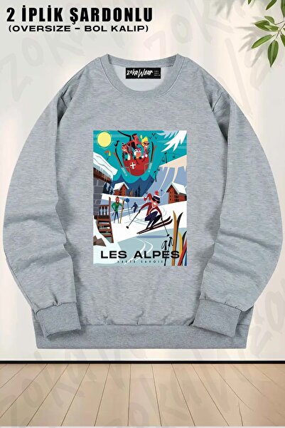 ZOKAWEAR Unisex Les Alpes Ski cu imprimeu supradimensionat guler rotund Swea ...