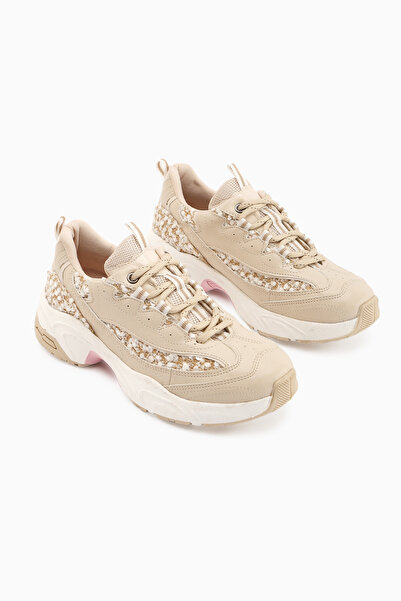 Limoya Rozhin Beige Sequin Thick Sole Women's Sports Shoes