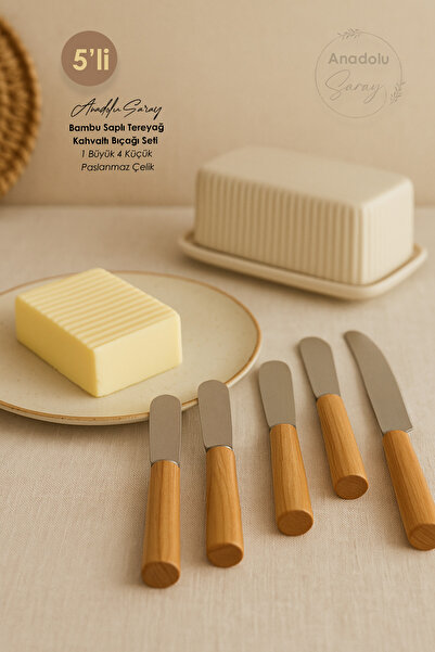 Anadolu Saray 5-Piece Bamboo Handle Butter Breakfast Knife Set 1 Large 4 Small Stainless Steel