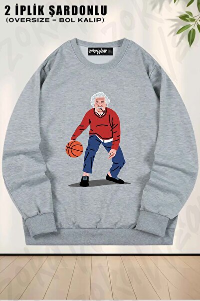 ZOKAWEAR سويت شيرت كرة السلة للجنسين ألبرت أينشتاين مطبوع قصة فضفاضة برقبة دا...