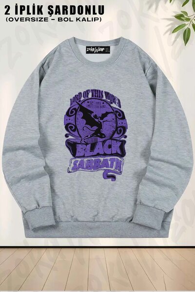 ZOKAWEAR سويت شيرت بلاك ساتب، لورد أوف ديز وورلد مطبوع قصة فضفاضة برقبة دائري...