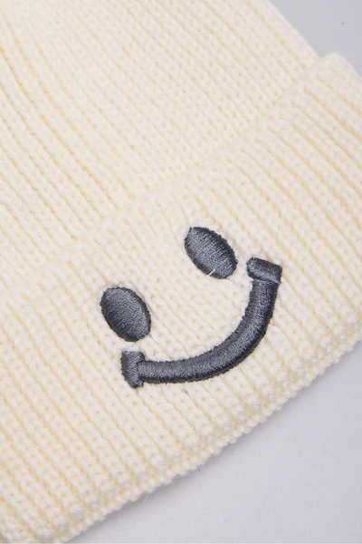 OX-RA White Double Pompom Smiley Knitted Children's Beanie