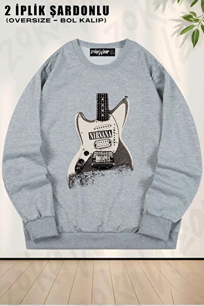ZOKAWEAR سويت شيرت للجنسين جيتار نيرفانا مطبوع قصة فضفاضة برقبة دائرية