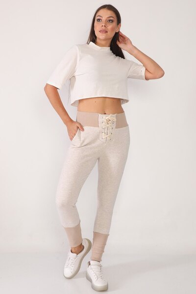 Alışveriş Sokağı Lace-Up Front Narrow Leg Mink Color Sweatpants