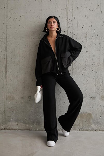 Generic Brand Smoked Pocket Knitwear Jacket and Pants Set