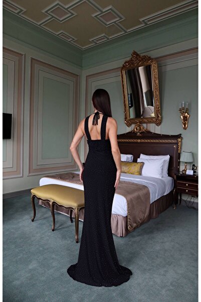 Julidress Stone Embroidered Strap Maxi Long Length Premium Black Dress