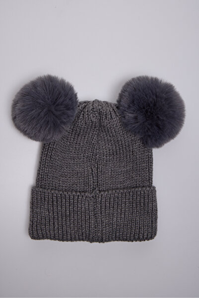 OX-RA Gray Double Pompom Smiley Knitted Children's Beanie