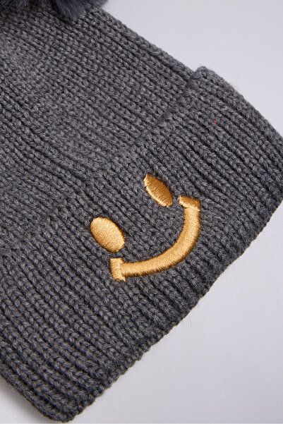 OX-RA Gray Double Pompom Smiley Knitted Children's Beanie