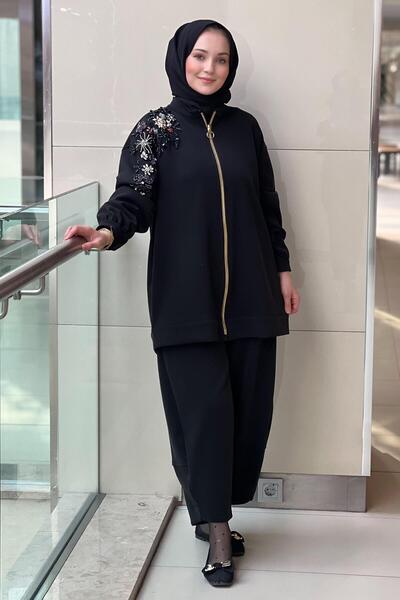 Ghisa Modal Tunic Pants Set with Floral Bead Stone Embroidery on the Shoulder